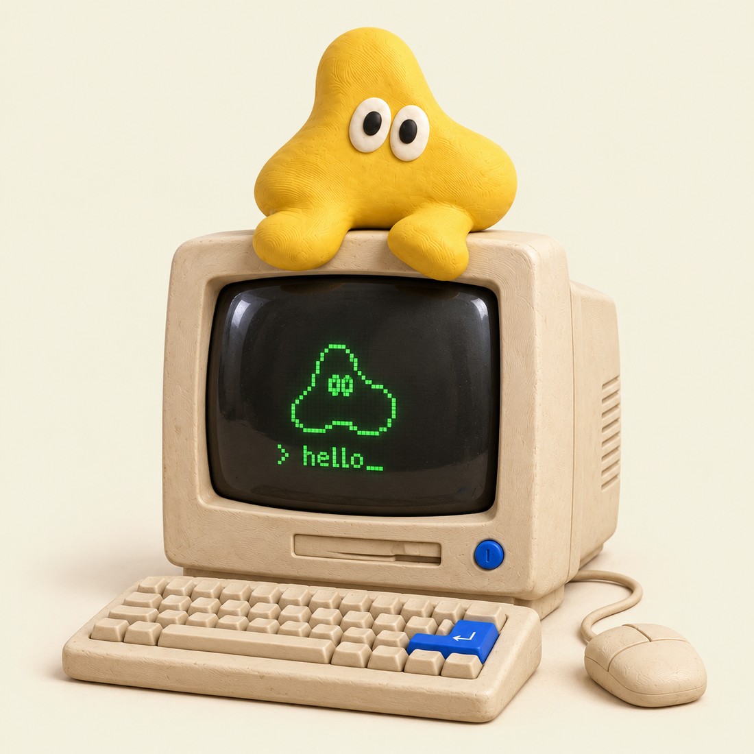 Glob, the yellow clay mascot, sits on top of a beige retro computer. Its green screen shows a pixel Glob and the words hello.